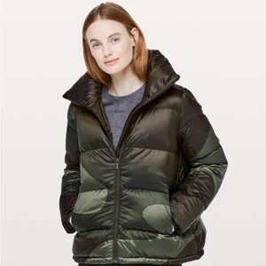 Lululemon Cloudscape Down Coat olive green camouflage print